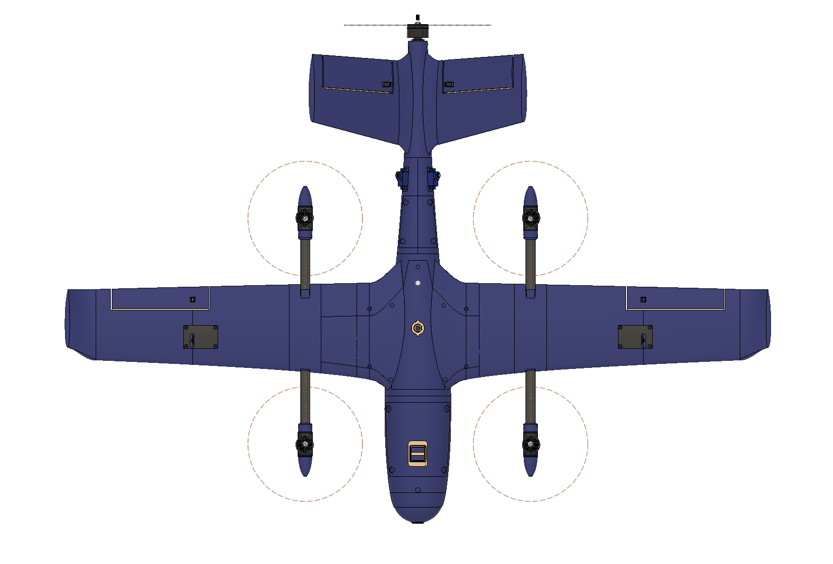 Top-view design render showing the Viridis aircraft wing, tail, and four vertical lift propellers